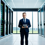 A professional AI engineer, fully clothed in a modest business suit, standing confidently in a state-of-the-art green data center. The background features sleek server racks illuminated by soft, eco-friendly lighting, with a subtle view through a large window revealing a distant wind farm under a clear sky. The engineer holds a tablet displaying energy efficiency metrics. The atmosphere is calm and forward-thinking. Perfect anatomy, correct proportions, natural pose, well-formed hands, proper finger count, natural body proportions. Professional photography, high quality, safe for work, appropriate content, fully clothed, professional, family-friendly.
