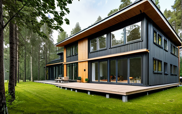 아키텍처 설계의 경제적 효과 분석 - **
"Modern sustainable Swedish house exterior, featuring a well-maintained facade with natural wood...