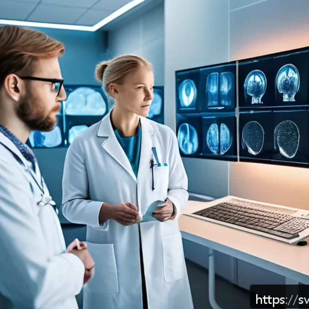 신경망 아키텍처의 다양한 활용 사례 - A futuristic medical laboratory scene showing a diverse team of Scandinavian doctors and AI speciali...