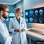 신경망 아키텍처의 다양한 활용 사례 - A futuristic medical laboratory scene showing a diverse team of Scandinavian doctors and AI speciali...