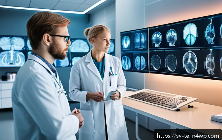 신경망 아키텍처의 다양한 활용 사례 - A futuristic medical laboratory scene showing a diverse team of Scandinavian doctors and AI speciali...