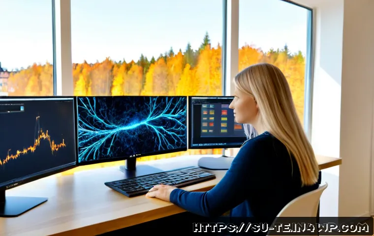 Home 13 신경망의 비선형성 활용을 위한 아키텍처 - Photorealistic Scandinavian AI research workspace in Stockholm, a focused engineer viewing a large m...